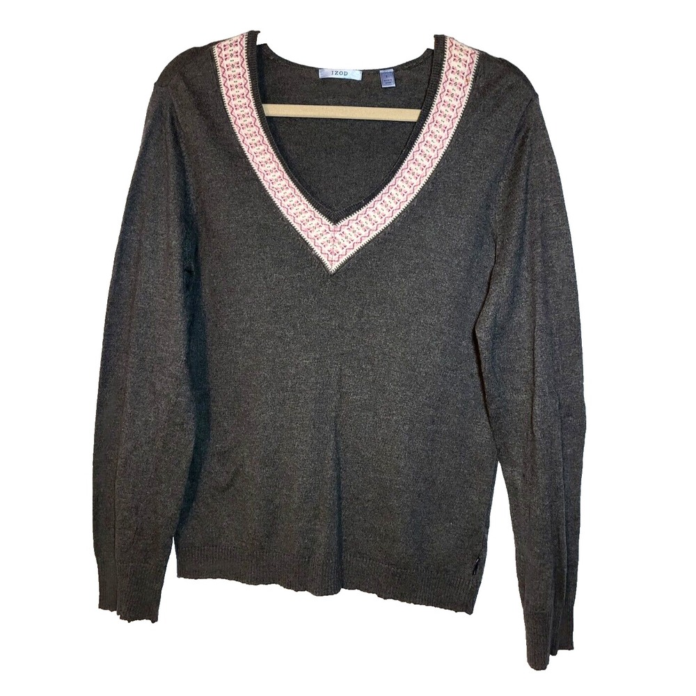 IZOD Womens Gray V-neck Sweater Printed Neck‎ Long Sleeve Cotton Angora Large